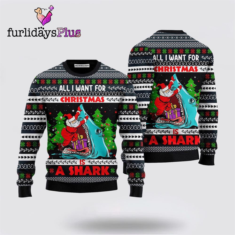 Santa Fishing Sweater All I Want For Christmas Is a Shark ,Christmas Ugly Sweater For Men, Women