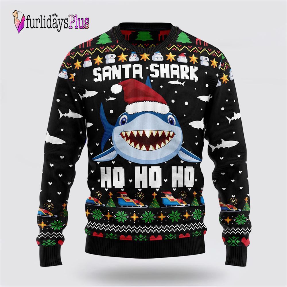 Santa Shark Ho Ho Ho Ugly Christmas Sweater, Sweater Gifts For Pet Lover