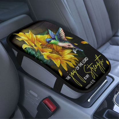 Scripture Nehemiah 810 Hummingbird Sunflower Car Armrest Seat Cover, Bible Verse Car Center Console Cover, Scripture Car Accessory