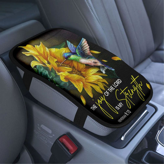 Scripture Nehemiah 810 Hummingbird Sunflower Car Armrest Seat Cover, Bible Verse Car Center Console Cover, Scripture Car Accessory