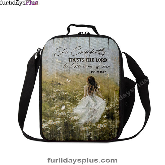 She Confidently Trusts The Lord To Take Care Of Her Green Flower Field White Butterfly Lunchbag, Christian Lunchbag
