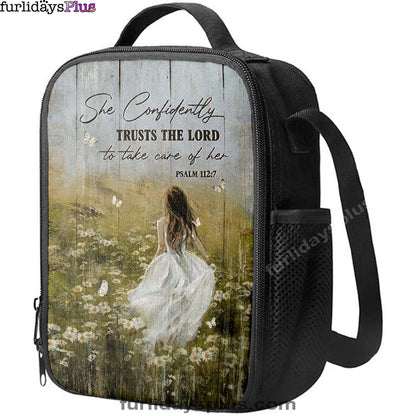 She Confidently Trusts The Lord To Take Care Of Her Green Flower Field White Butterfly Lunchbag, Christian Lunchbag