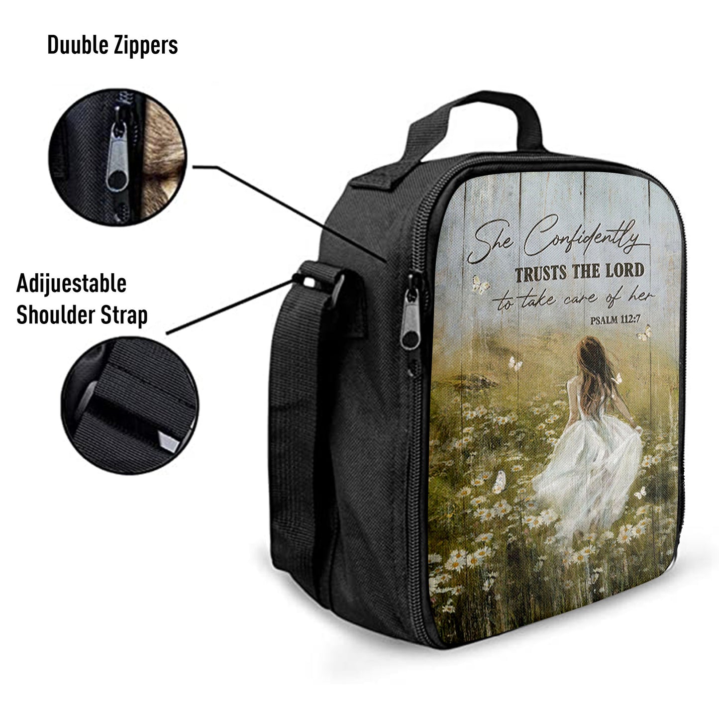 She Confidently Trusts The Lord To Take Care Of Her Green Flower Field White Butterfly Lunchbag, Christian Lunchbag