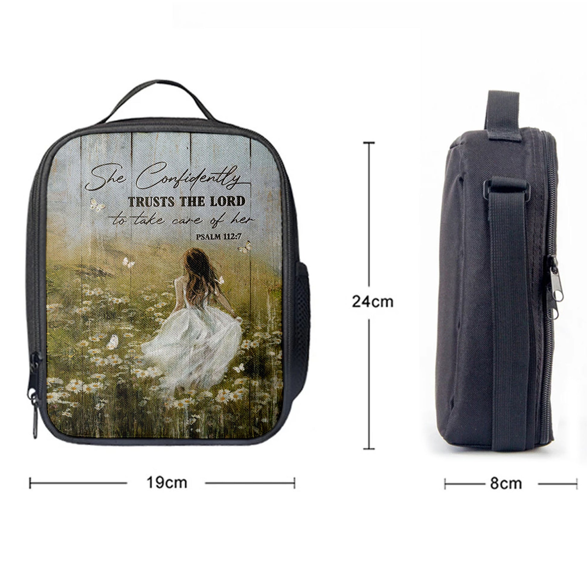 She Confidently Trusts The Lord To Take Care Of Her Green Flower Field White Butterfly Lunchbag, Christian Lunchbag