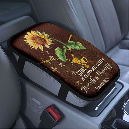 She Is Clothed With Strength And Dignity Sunflower Car Armrest Seat Cover, Bible Verse Car Center Console Cover, Scripture Car Accessory
