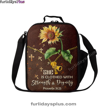 She Is Clothed With Strength And Dignity Sunflower Lunchbag, Bible Verse Lunch Bag, Scripture Lunchbag