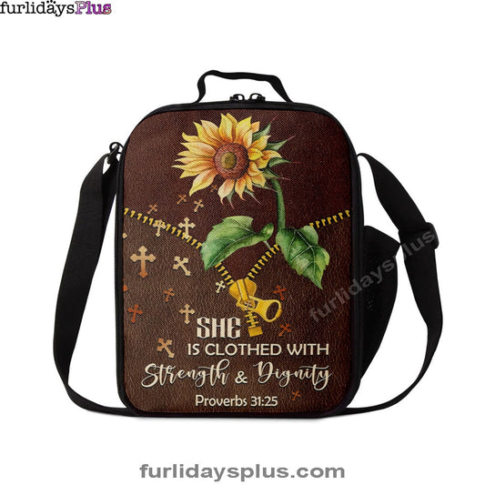 She Is Clothed With Strength And Dignity Sunflower Lunchbag, Bible Verse Lunch Bag, Scripture Lunchbag