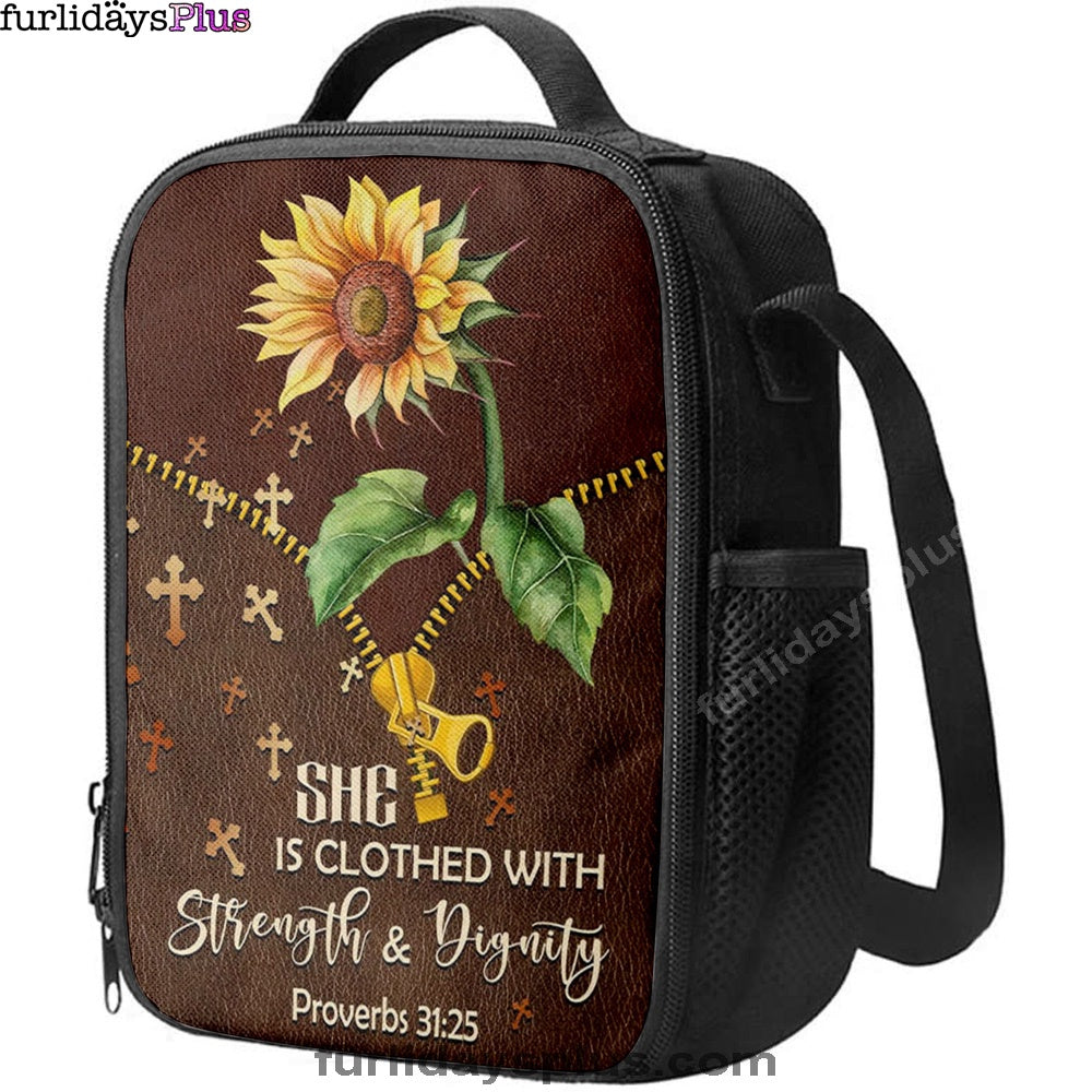 She Is Clothed With Strength And Dignity Sunflower Lunchbag, Bible Verse Lunch Bag, Scripture Lunchbag