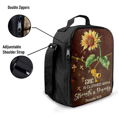 She Is Clothed With Strength And Dignity Sunflower Lunchbag, Bible Verse Lunch Bag, Scripture Lunchbag