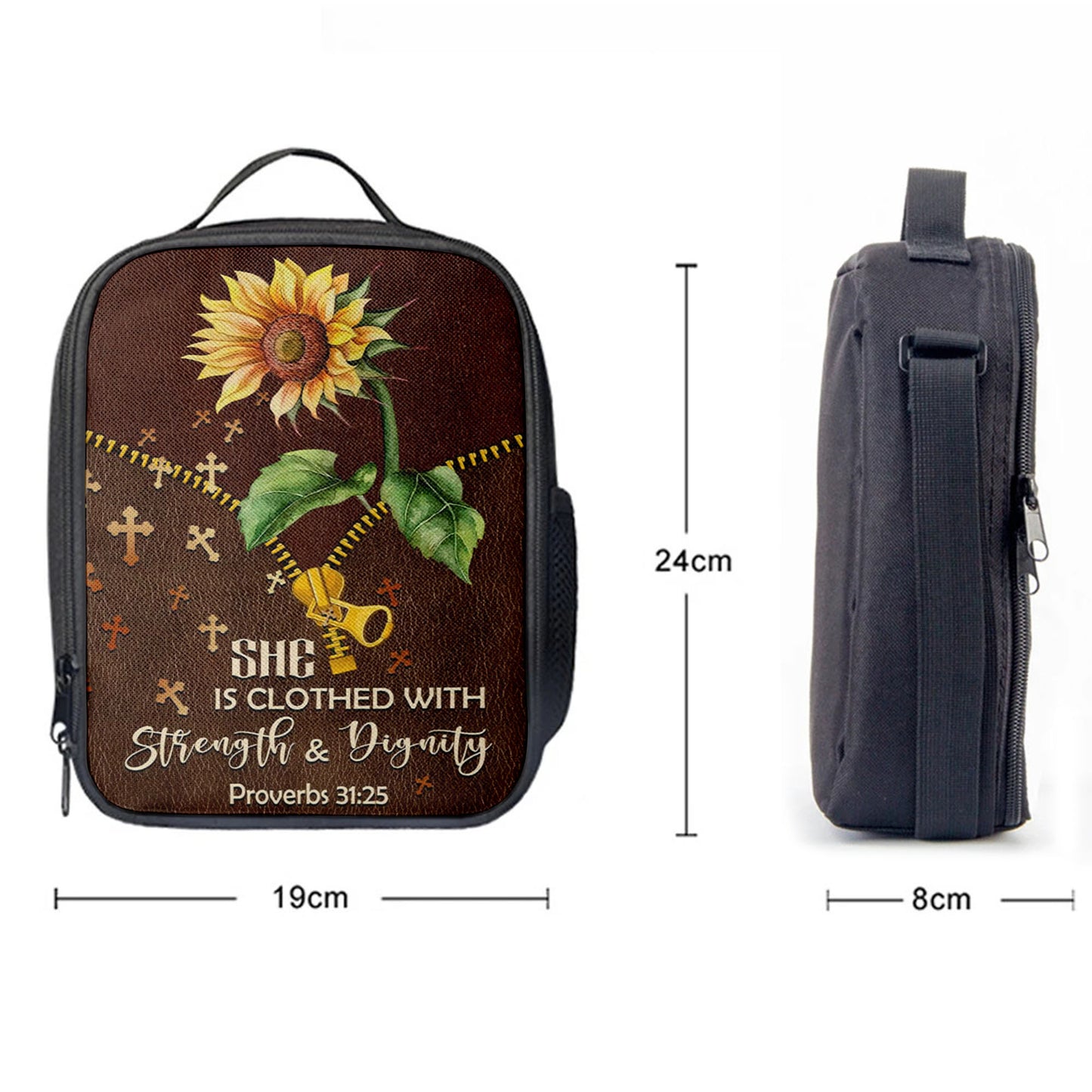 She Is Clothed With Strength And Dignity Sunflower Lunchbag, Bible Verse Lunch Bag, Scripture Lunchbag