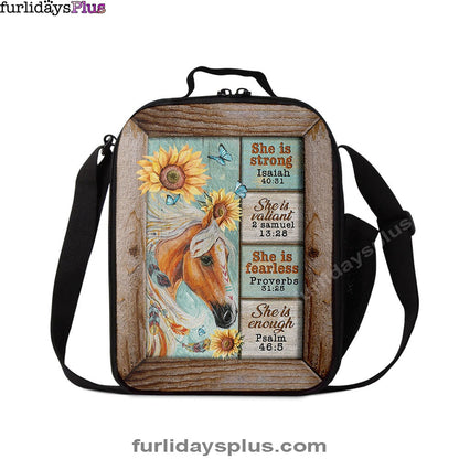 She Is Strong Horse Sunflower Butterfly Lunchbag Print, Inspirational Lunch Bag, Christian Lunchbag Lunchbag