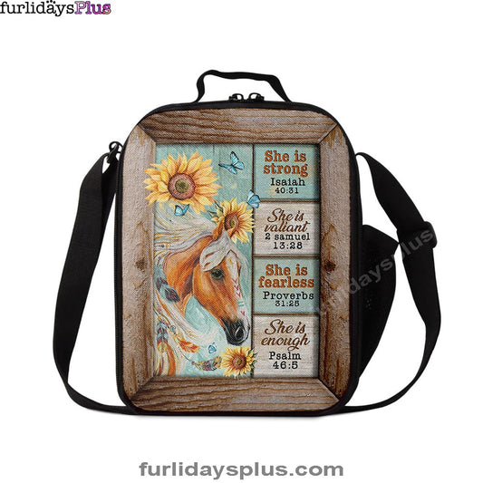 She Is Strong Horse Sunflower Butterfly Lunchbag Print, Inspirational Lunch Bag, Christian Lunchbag Lunchbag