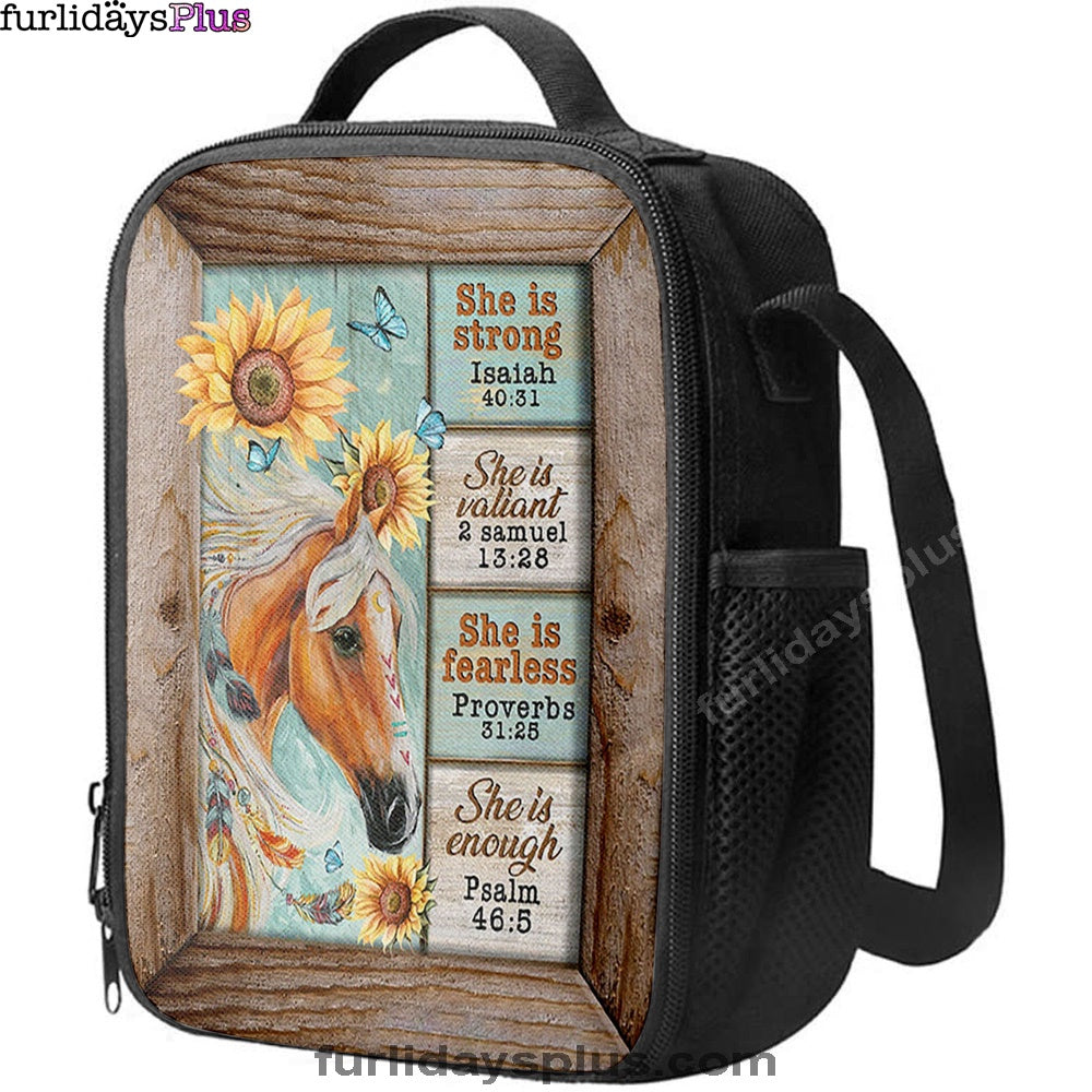 She Is Strong Horse Sunflower Butterfly Lunchbag Print, Inspirational Lunch Bag, Christian Lunchbag Lunchbag
