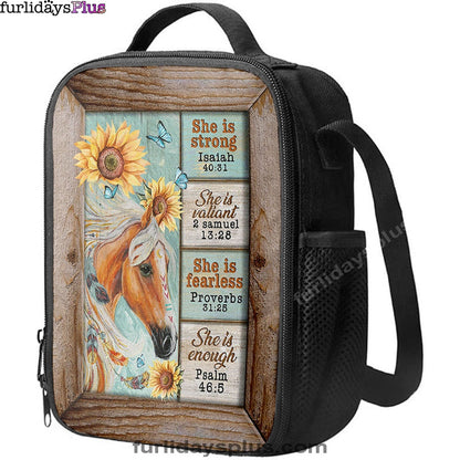She Is Strong Horse Sunflower Butterfly Lunchbag Print, Inspirational Lunch Bag, Christian Lunchbag Lunchbag