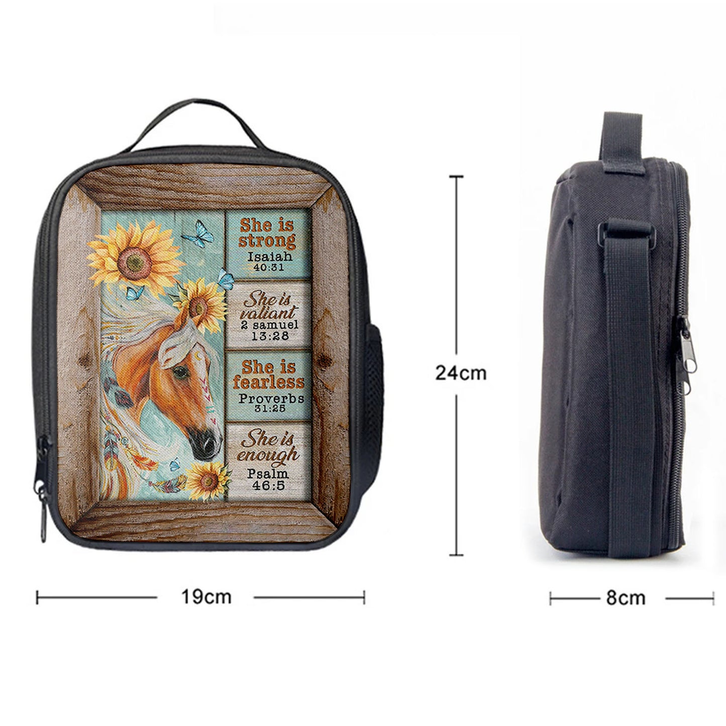 She Is Strong Horse Sunflower Butterfly Lunchbag Print, Inspirational Lunch Bag, Christian Lunchbag Lunchbag