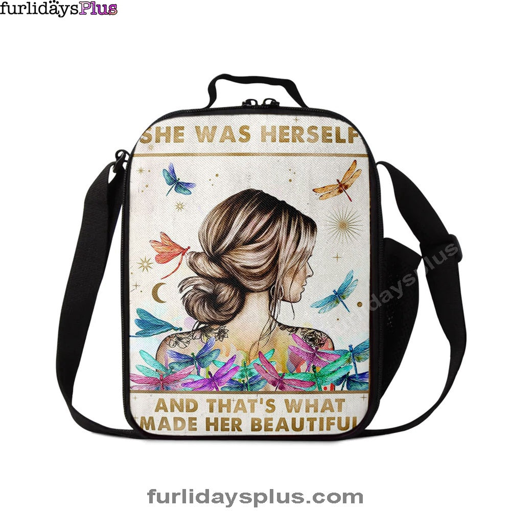 She Was Herself Lunchbag, Boho Hippie Positive Quotes , Bohemian Dragonfly Bedroom