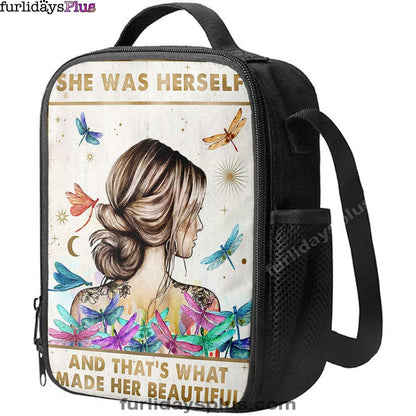 She Was Herself Lunchbag, Boho Hippie Positive Quotes , Bohemian Dragonfly Bedroom
