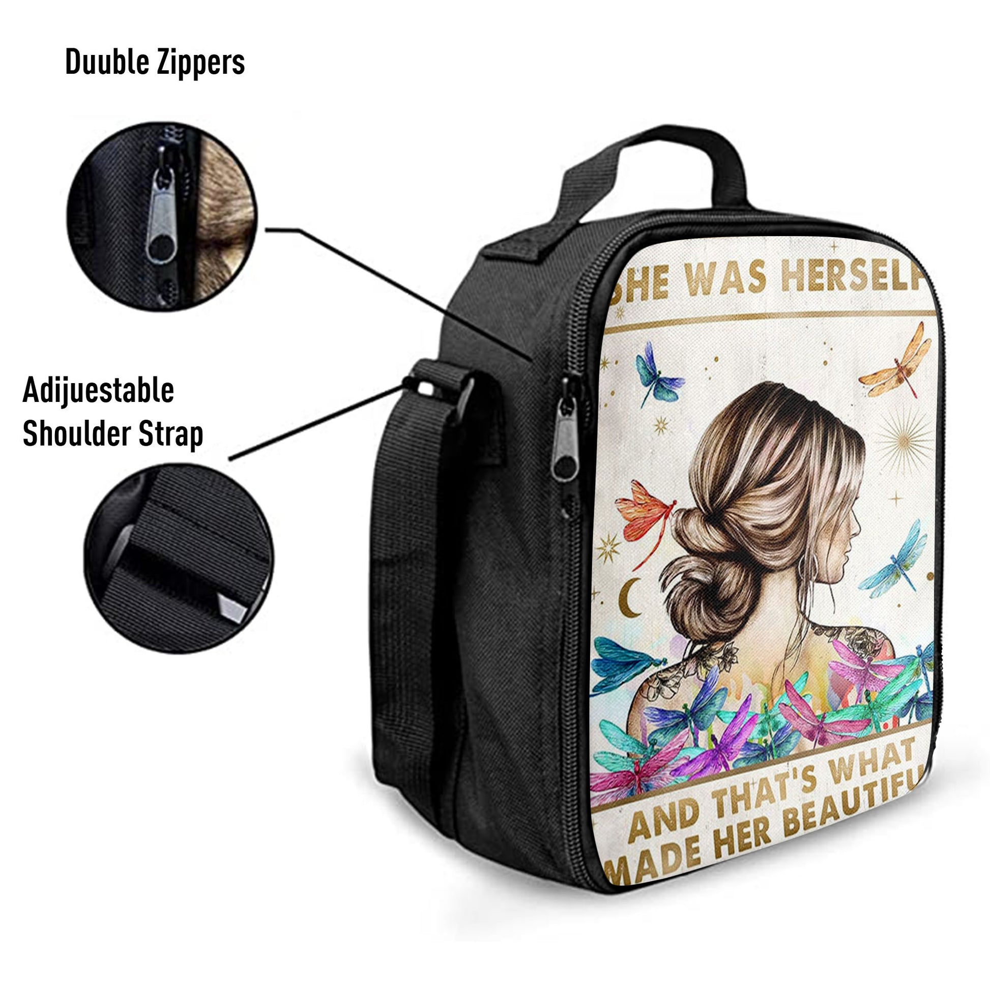 She Was Herself Lunchbag, Boho Hippie Positive Quotes , Bohemian Dragonfly Bedroom