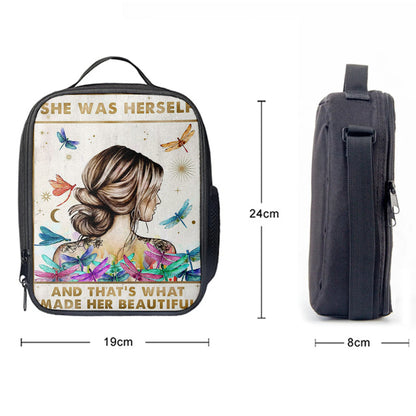 She Was Herself Lunchbag, Boho Hippie Positive Quotes , Bohemian Dragonfly Bedroom