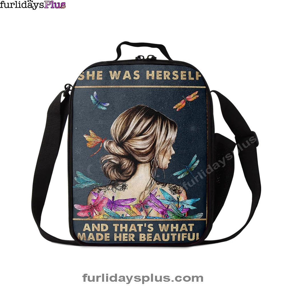 She Was Herself Lunchbag, Encouragement Gifts For Women, Teens, Girls, Dragonfly Boho , Hippie Bohemian