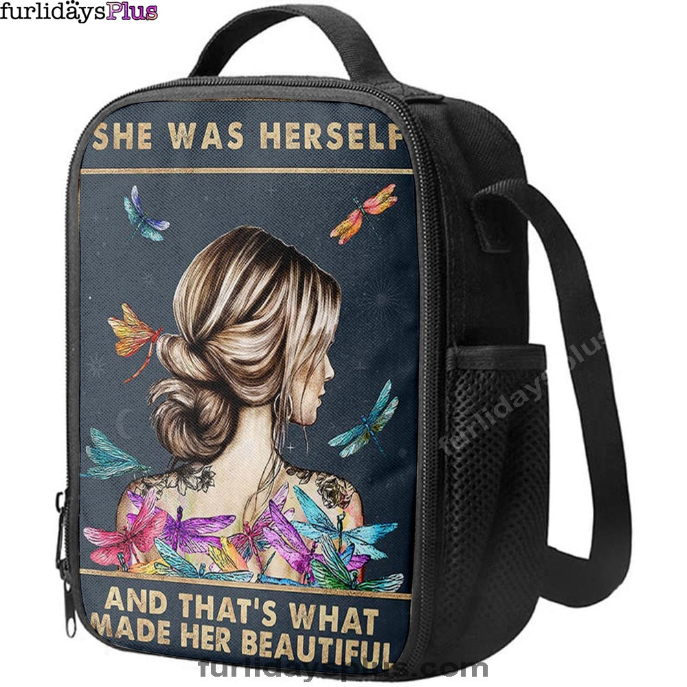 She Was Herself Lunchbag, Encouragement Gifts For Women, Teens, Girls, Dragonfly Boho , Hippie Bohemian