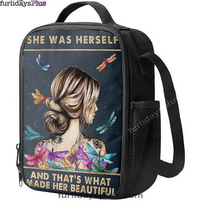 She Was Herself Lunchbag, Encouragement Gifts For Women, Teens, Girls, Dragonfly Boho , Hippie Bohemian