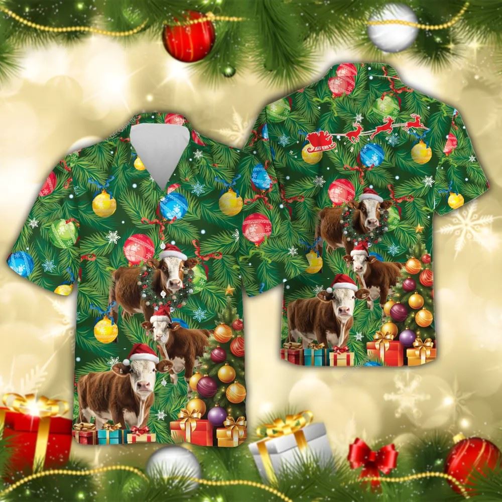 Simmental Cattle Christmas Hawaiian Shirts, Xmas Hawaiian Shirts