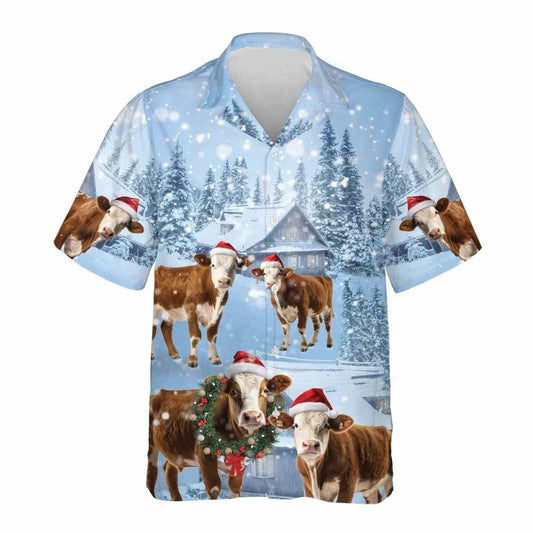 Simmental Cattle Snowy Christmas Farm Hawaiian Shirt, Xmas Hawaiian Shirts