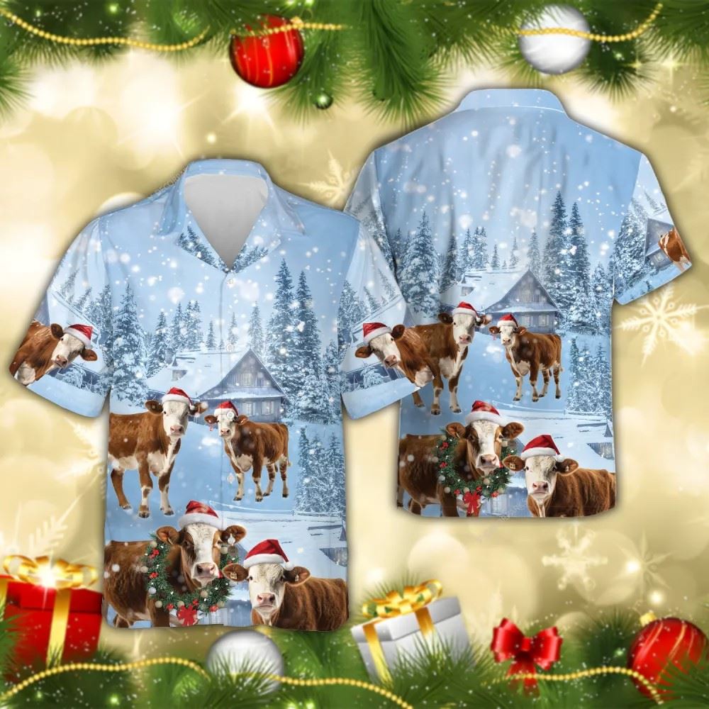 Simmental Cattle Snowy Christmas Farm Hawaiian Shirt, Xmas Hawaiian Shirts