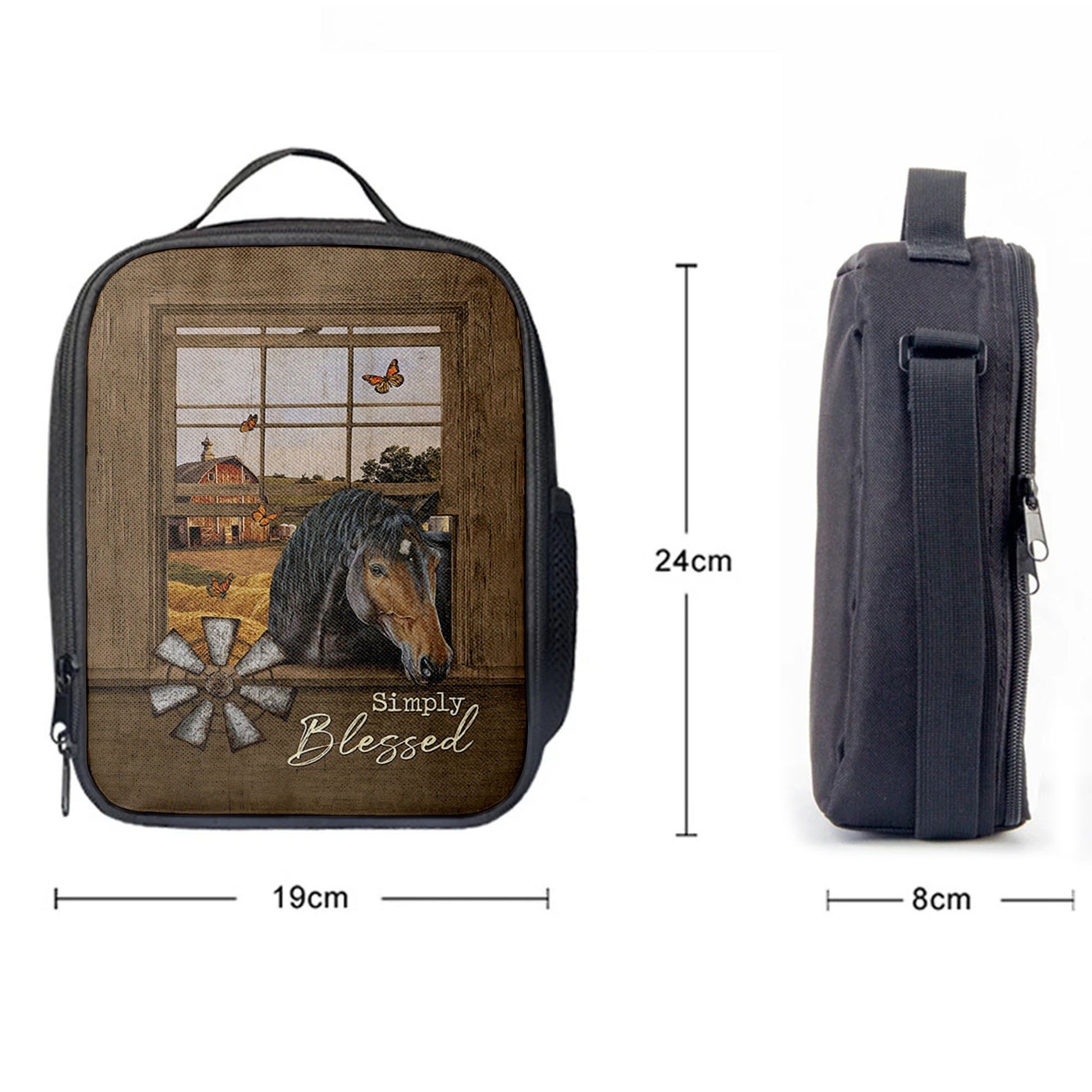Simply Blessed Black Horse Windmill, Lunchbag, Bible Verse Lunch Bag, Inspirational Art, Christian Lunchbag
