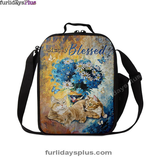 Simply Blessed Blue Daisy Flowers Fluffy Cats Lunchbag, Bible Verse Lunch Bag, Inspirational Art, Christian Lunchbag