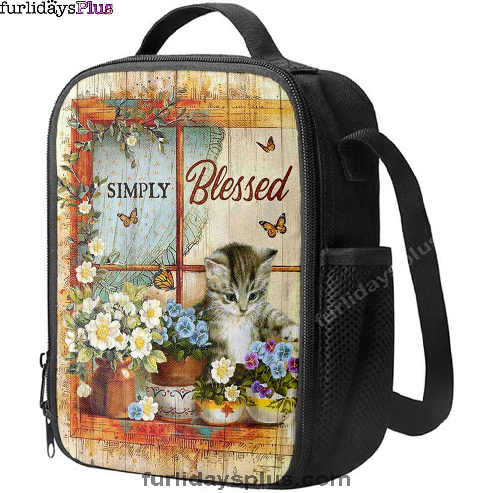 Simply Blessed Cat Butterfly Lunchbag Print, Inspirational Lunch Bag, Christian Lunchbag Lunchbag