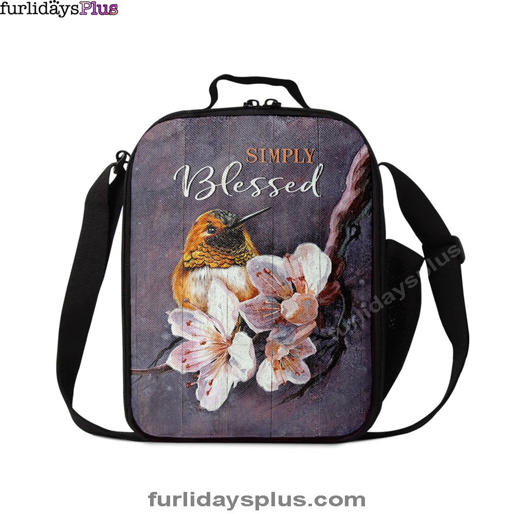 Simply Blessed Flower Yellow Hummingbird Lunchbag, Bible Verse Lunch Bag, Inspirational Art, Christian Lunchbag