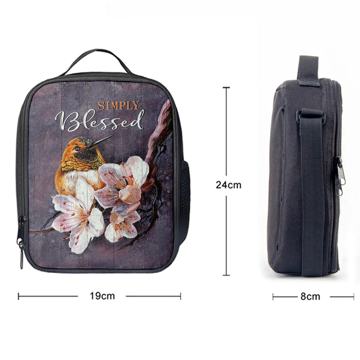 Simply Blessed Flower Yellow Hummingbird Lunchbag, Bible Verse Lunch Bag, Inspirational Art, Christian Lunchbag