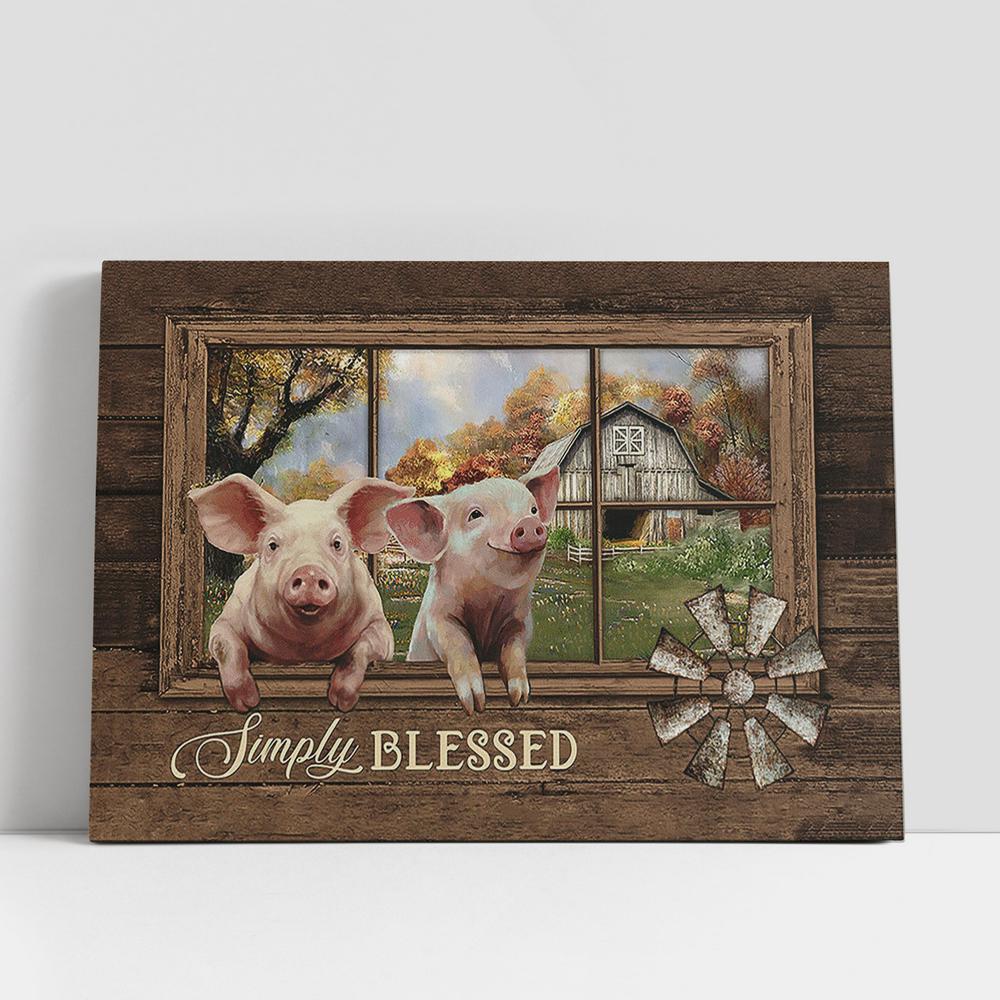 Simply Blessed Happy Pig Old Windmill Canvas Art, Christian Gifts Wall Art Decor, Bible Verse Canvas