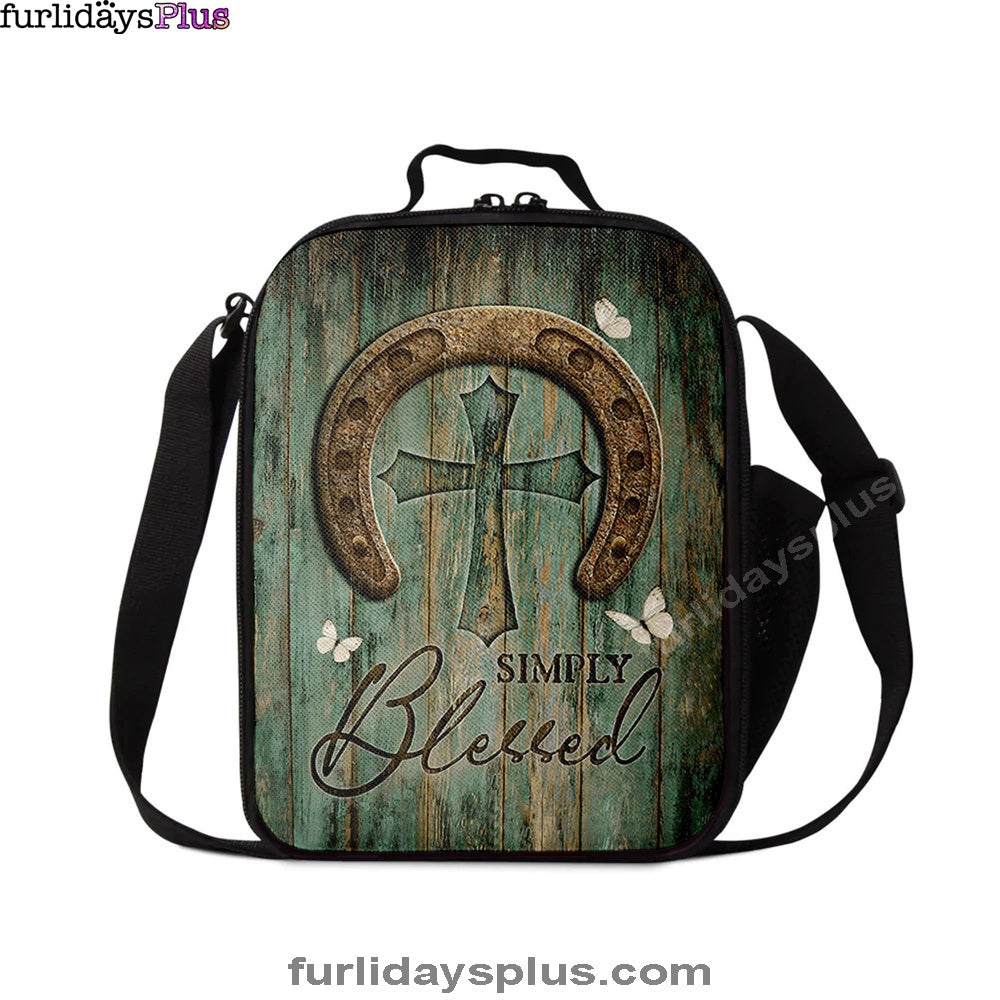 Simply Blessed Horseshoe Cross White Butterfly Lunchbag, Christian Lunchbag, Bible Verse Lunch Bag