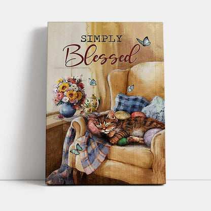 Simply Blessed Room Sleeping Cat Flower Canvas Print - Inspirational Canvas Art - Christian Wall Art Home Decor