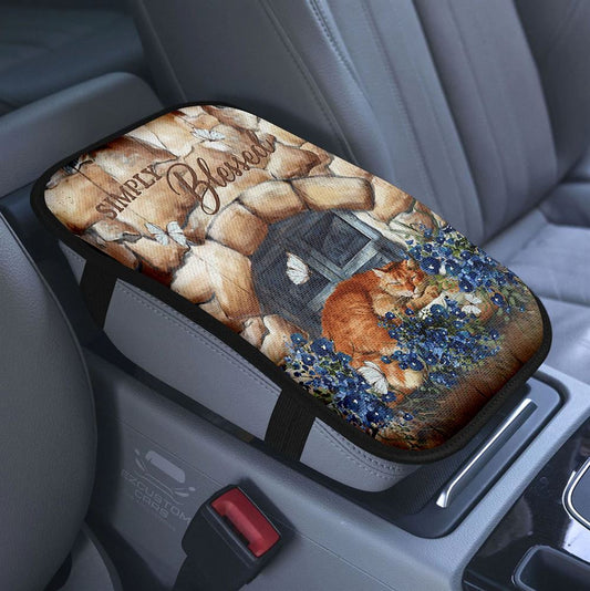 Simply Blessed Room Sleeping Cat Flower Car Center Console Cover, Inspirational Armrest Pad Cover, Christian Car Accessory