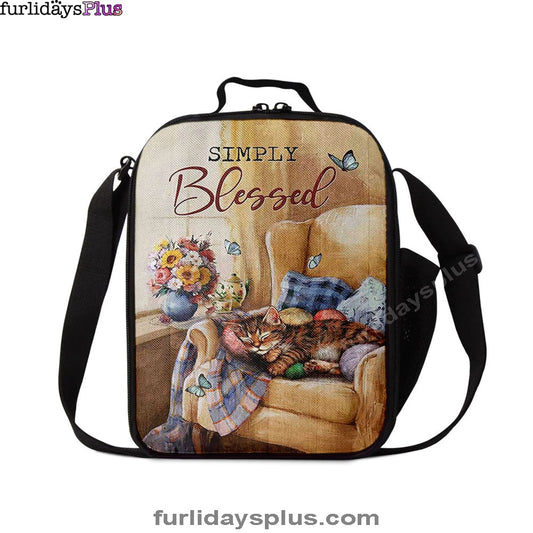 Simply Blessed Room Sleeping Cat Flower Lunchbag Print, Inspirational Lunch Bag, Christian Lunchbag Lunchbag