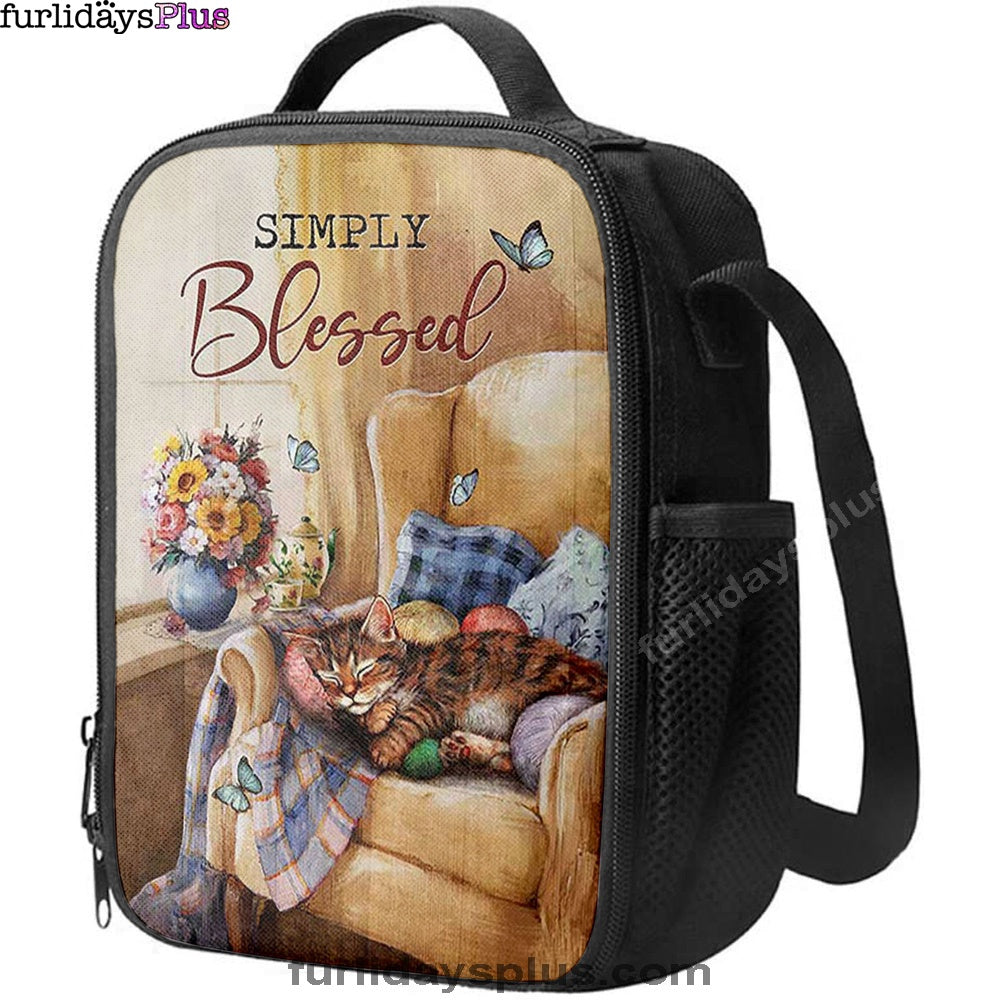 Simply Blessed Room Sleeping Cat Flower Lunchbag Print, Inspirational Lunch Bag, Christian Lunchbag Lunchbag