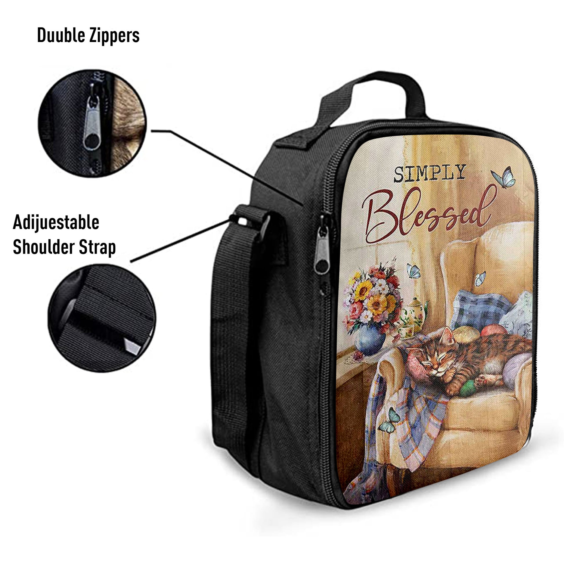 Simply Blessed Room Sleeping Cat Flower Lunchbag Print, Inspirational Lunch Bag, Christian Lunchbag Lunchbag