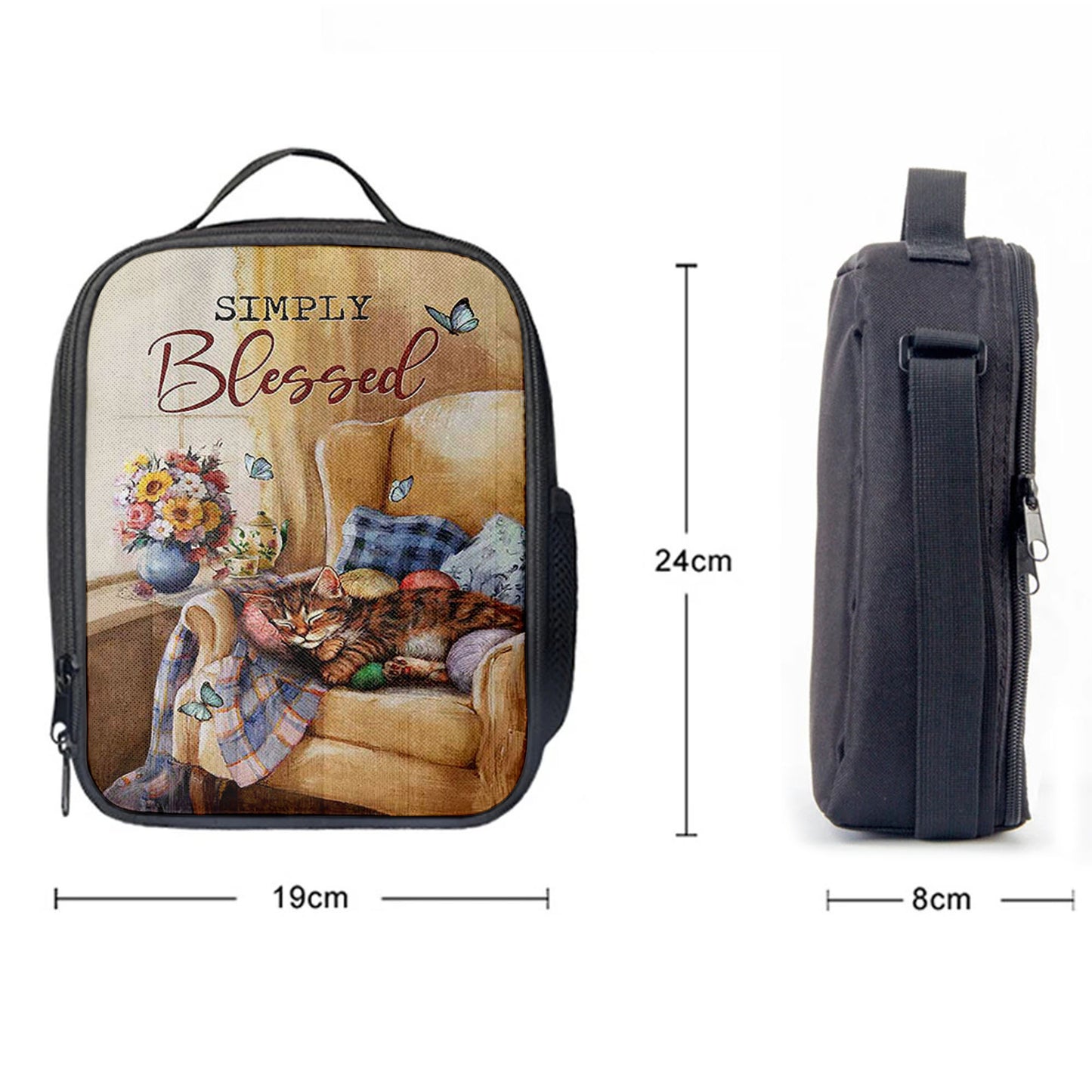 Simply Blessed Room Sleeping Cat Flower Lunchbag Print, Inspirational Lunch Bag, Christian Lunchbag Lunchbag