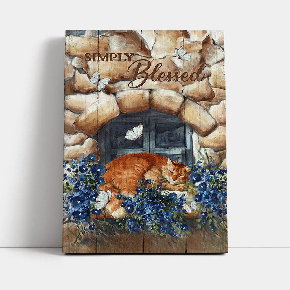 Simply Blessed Sleeping Cat Stone Wall Canvas Wall Art - Bible Verse Canvas Art - Inspirational Art - Christian Home Decor