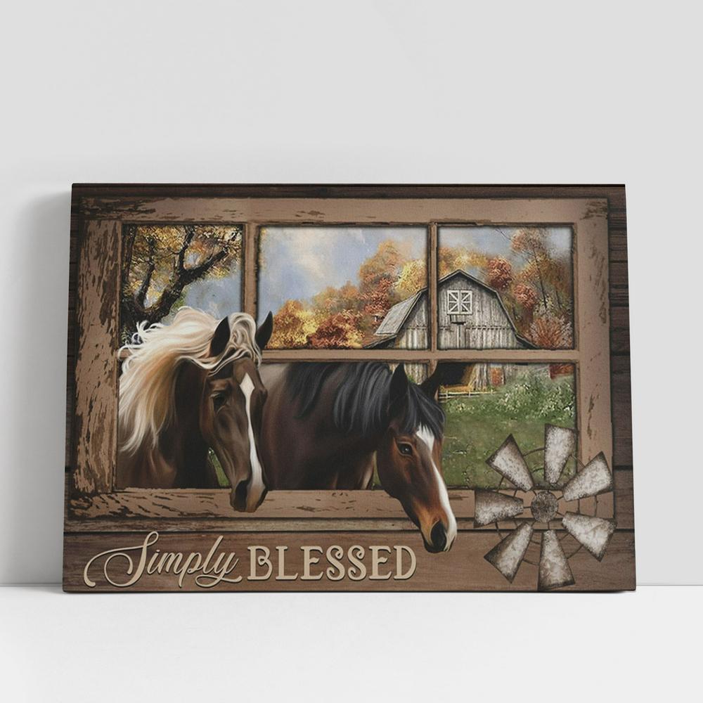 Simply Blessed Two Horses Window Canvas Prints, Christian Gifts Wall Art, Religious Home Decor