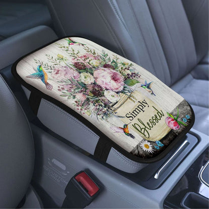 Simply Blessed Wall Art Car Armrest Seat Cover, Hummingbird Flowers Christian Car Center Console Cover, Scripture Car Accessory