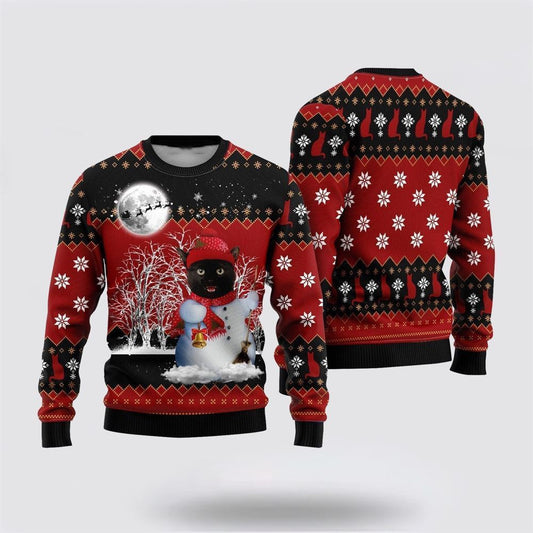 Snowman Black Cat Ugly Christmas Sweater, Christmas Sweater For Cat Lover