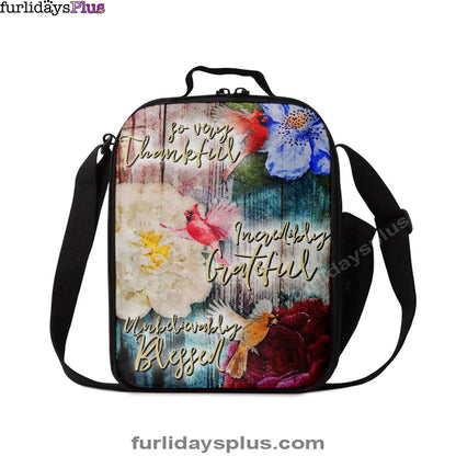 So Very Thankful Incredibly Grateful Unbelievably Blessed Cardinal Bird Lunchbag, Scripture Lunch Bag
