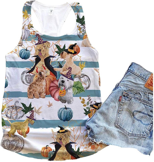 Soft Coated Wheaten Terrier Dog Halloween Pumpkin Retro Tank Top - Summer Casual Tank Tops For Women - Gift For Young Adults