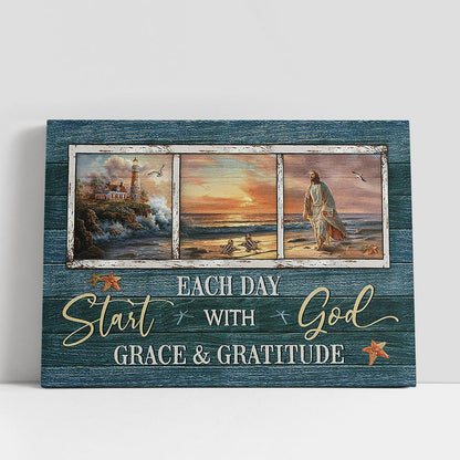 Start each day with God Canvas, Jesus Walking Canvas Wall Art, Bible Verse Canvas, Religious Prints