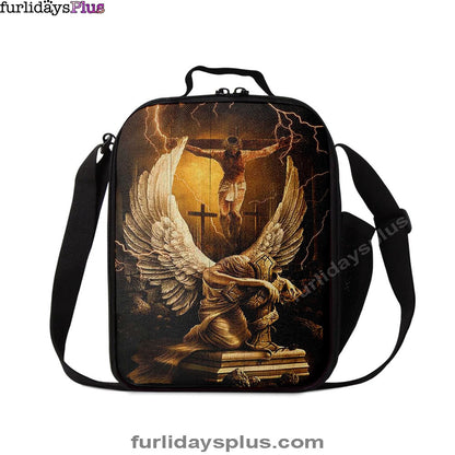Stunning Angel Wings Jesus On The Cross Lunchbag Print, Inspirational Lunch Bag, Christian Lunchbag Lunchbag